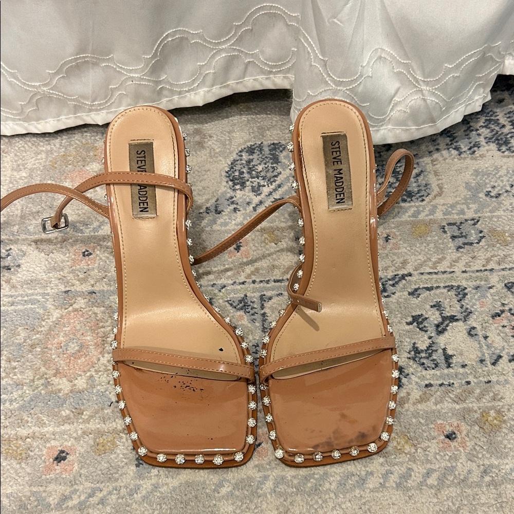 Steve Madden Brown Heeled Sandals with Rhinestone Accents